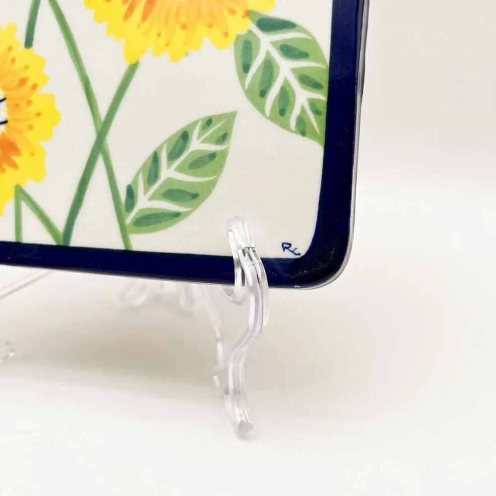 Mexican Pottery Handmade Tile Trivet Handpainted Sunflowers Square 7” Mexico‎